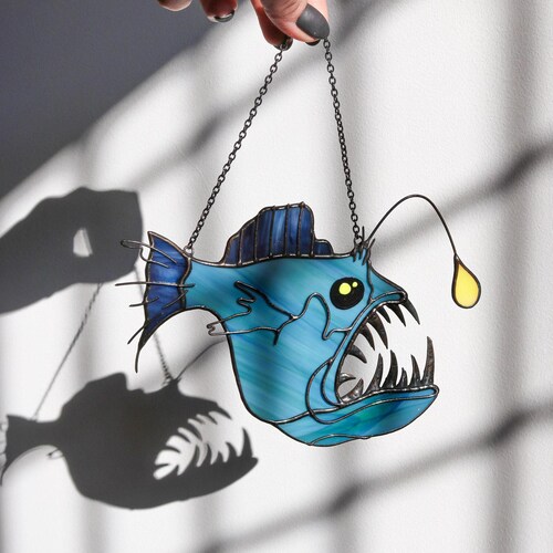 Angler Fish Devil Fish Suncatcher Stained Glass Decor Blue Home