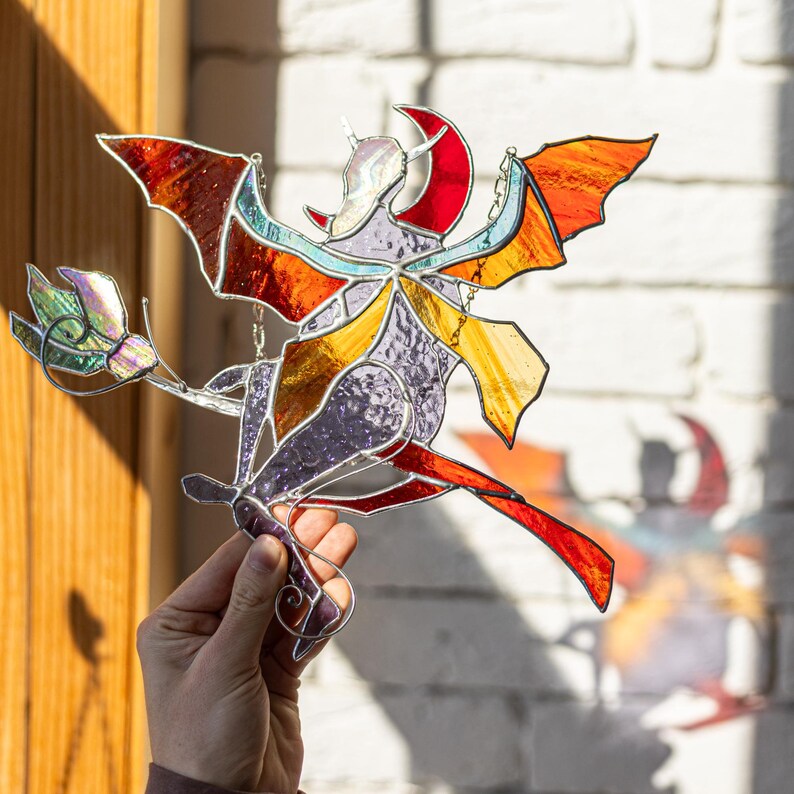 Witch With Wings on a Broomstick Hanging Stained Glass Sun Catcher