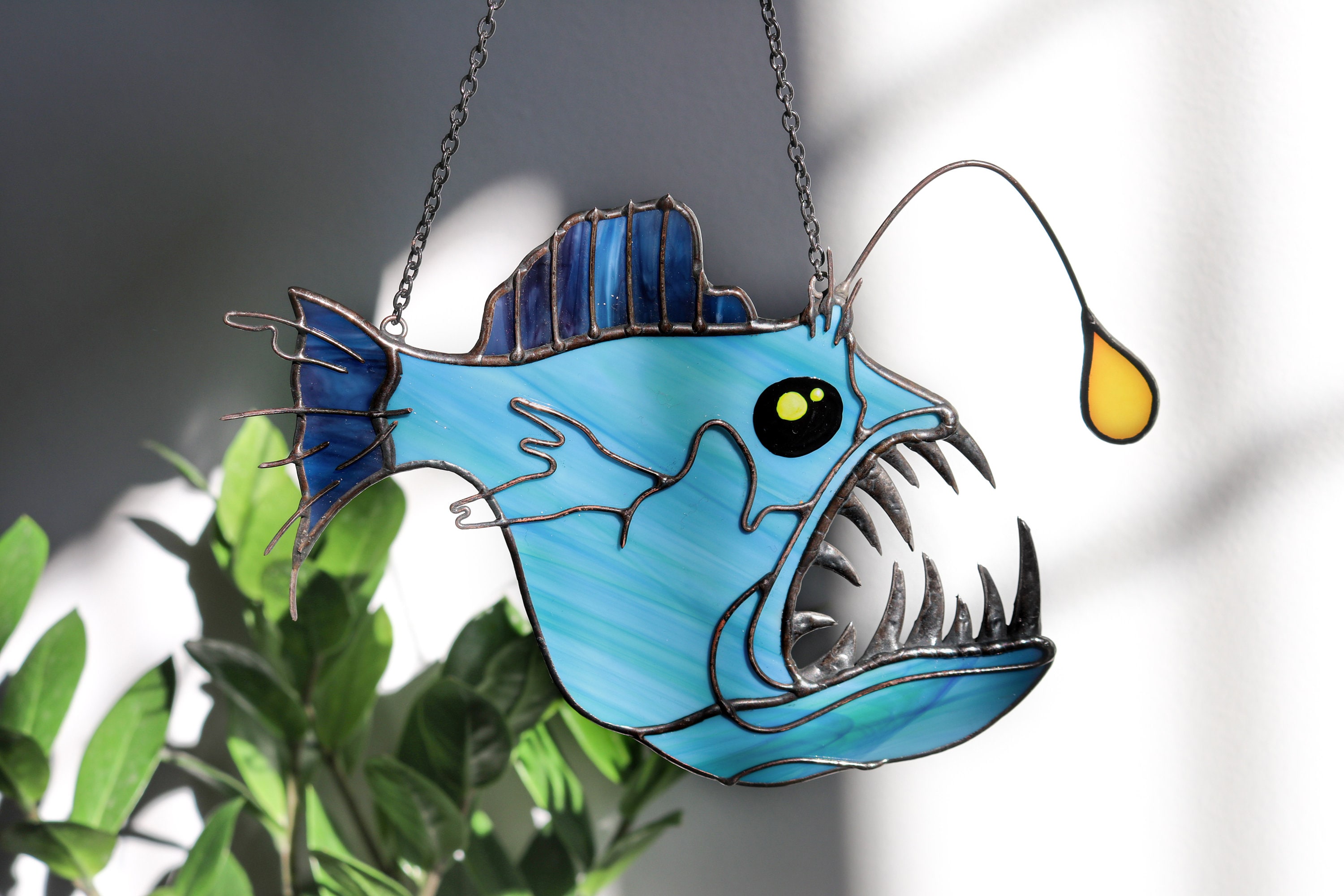Angler Fish Devil Fish Suncatcher Stained Glass Decor Blue Home