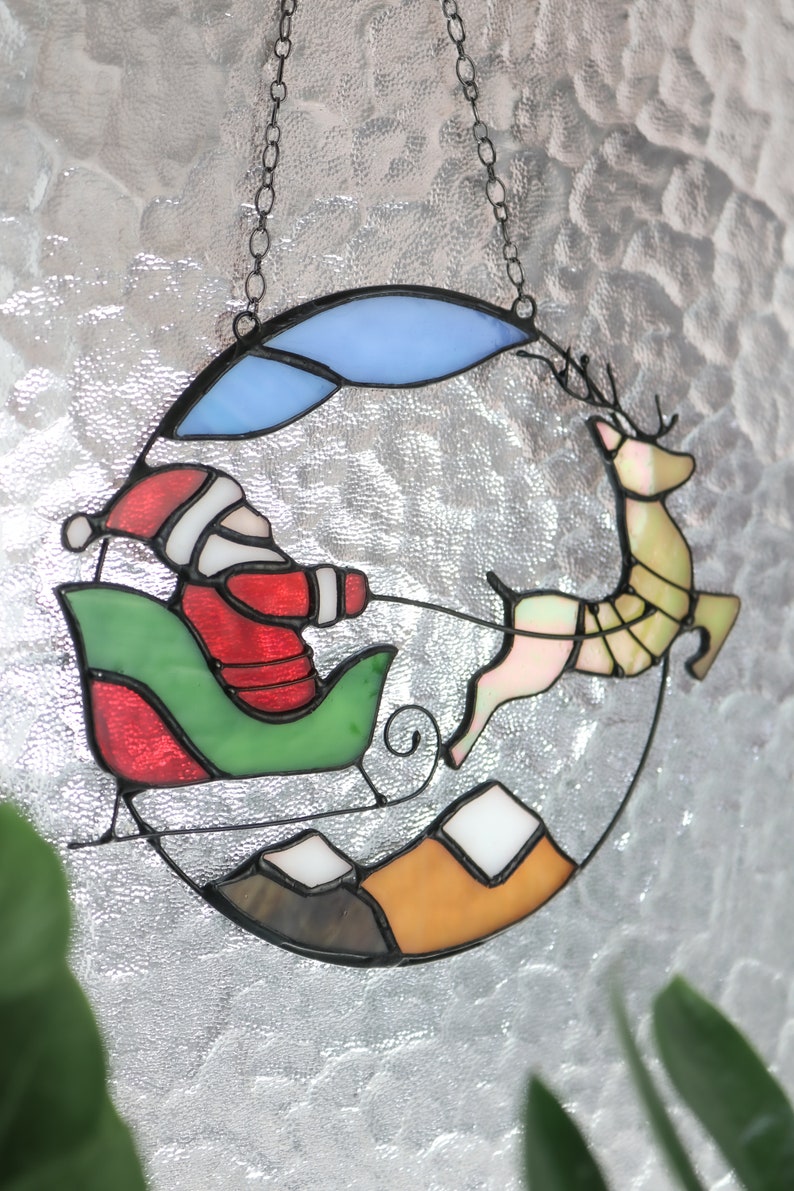 Christmas Santa Claus Deer Sun Catcher Gift Home Decor Window Wall Stained Glass Picture Memorial. New Year gift