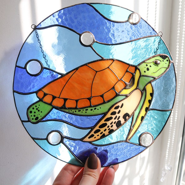 Turtle Suncatcher Stained Glass Panel Decor Green Home House Window Wall Hangings Cling Ornament Gift House