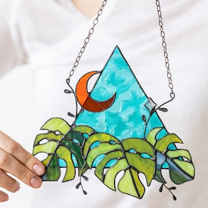 Stained glass monstera moon, Suncatcher Window hangings, Mother&#39;s Day gift, Grandma gift, plant lover gift, leaves