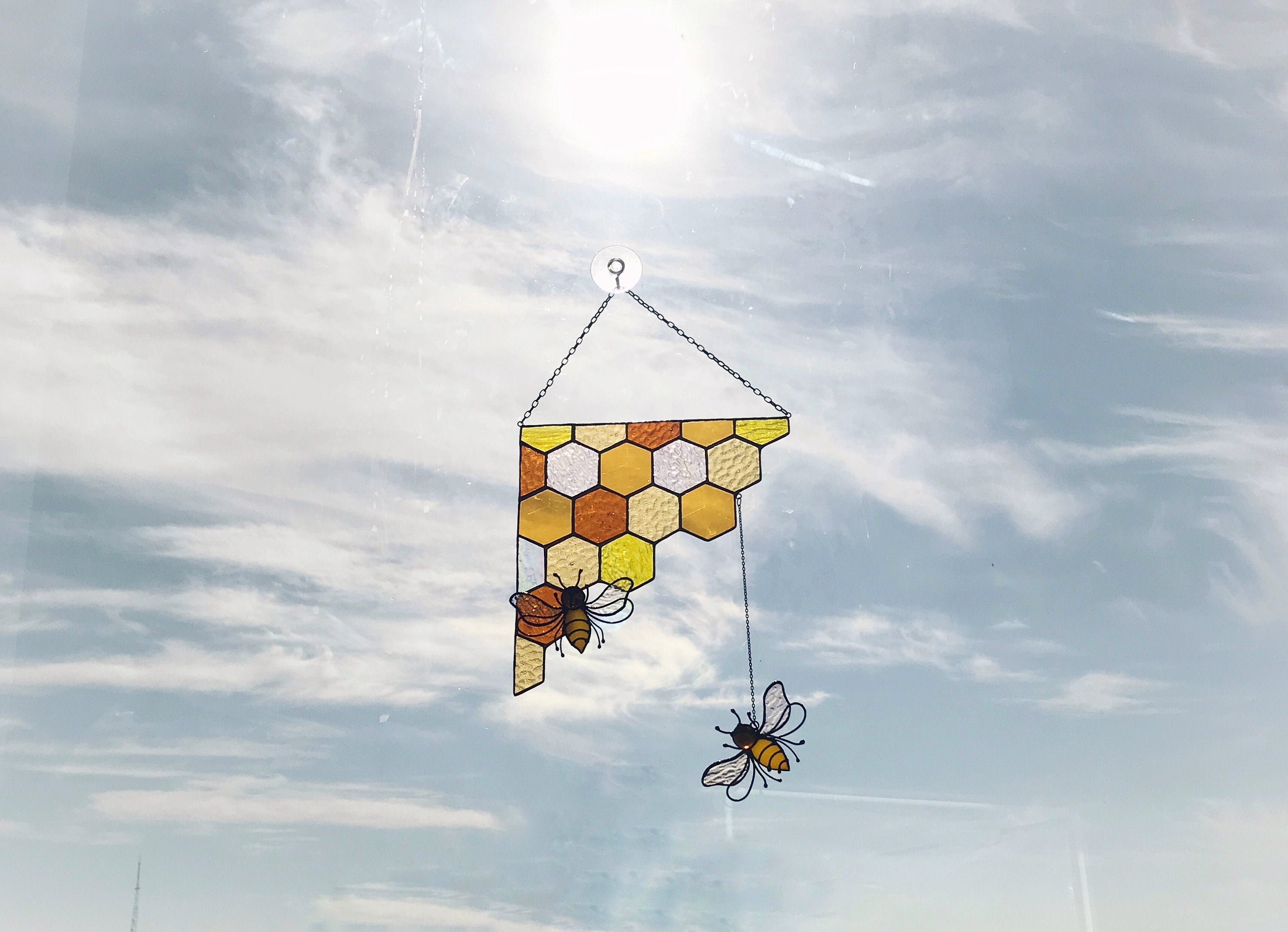 Yellow Corner Honeycomb Bee Panel Suncatcher Ornament Stain Glass Tif…
