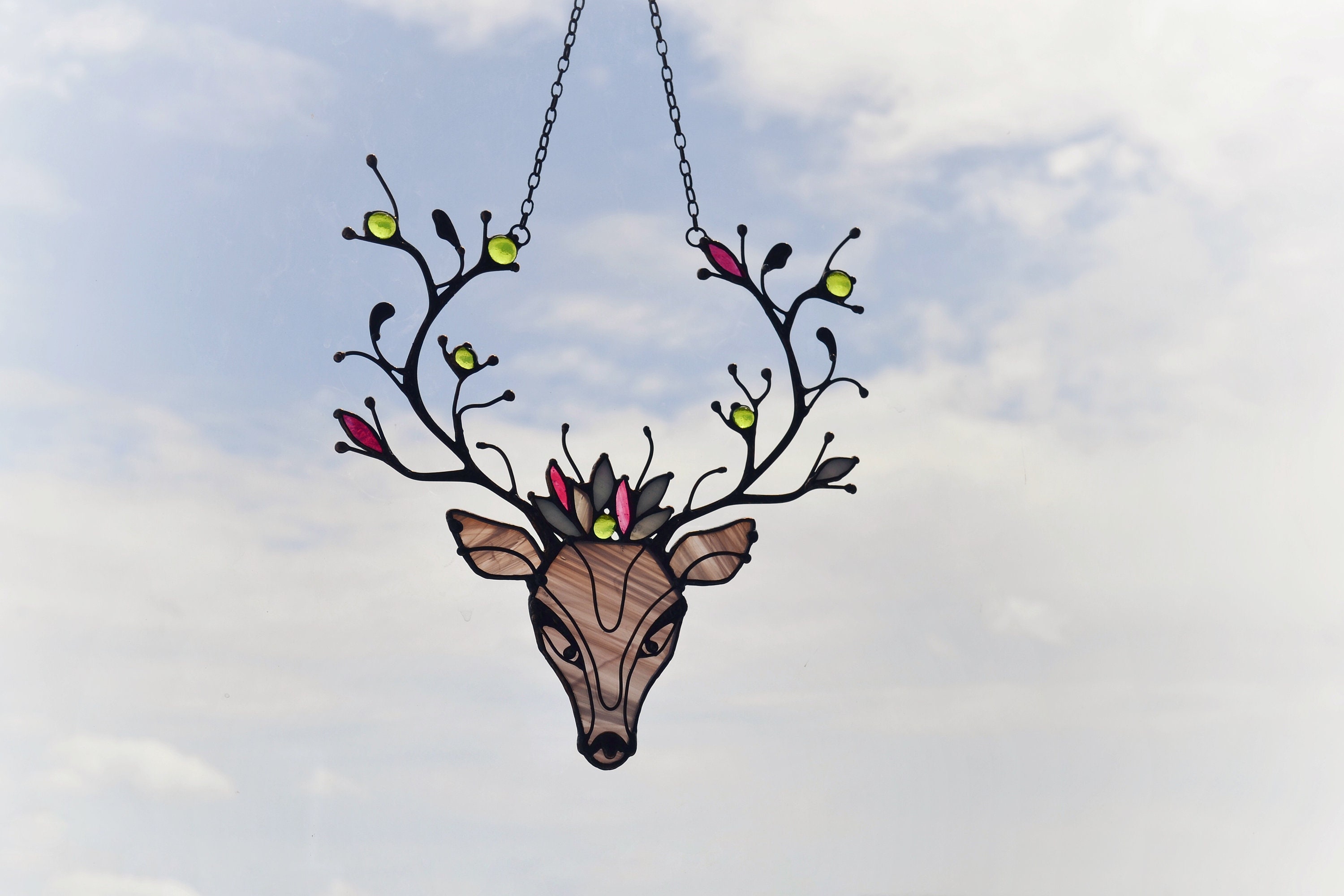 Stained Glass Deer flowers horns Sun Catcher Custom Portrait Etsy