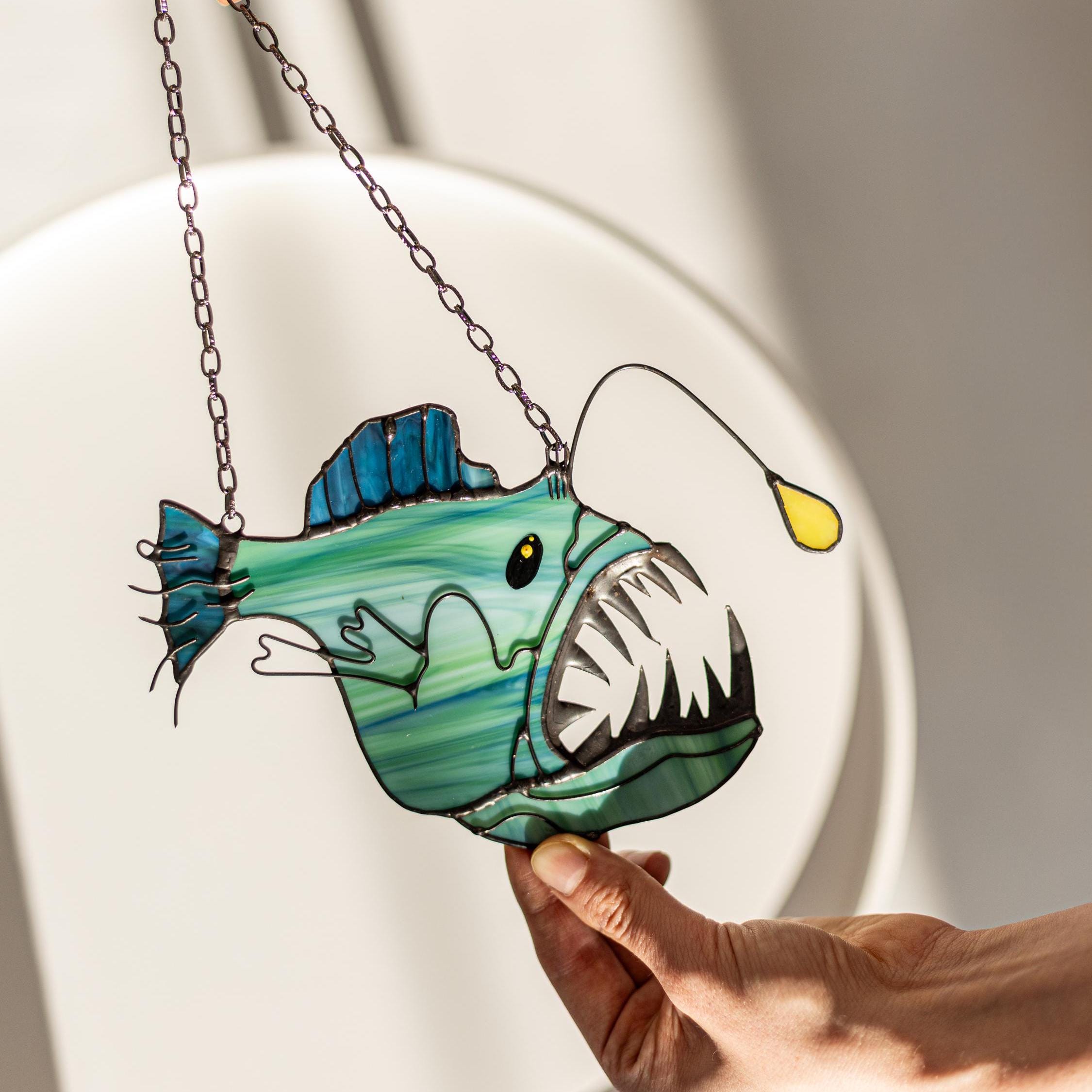 Anglerfish Suncatcher Stained Glass Decor Blue Home House Window