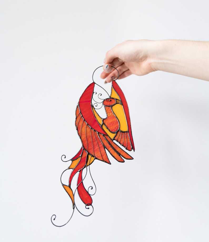 Bird phoenix mystical burning appears ashes Stain Glass Suncatcher Panel Gift Farmhouse Home House Decor Window Wall Hanging Animal Ornament