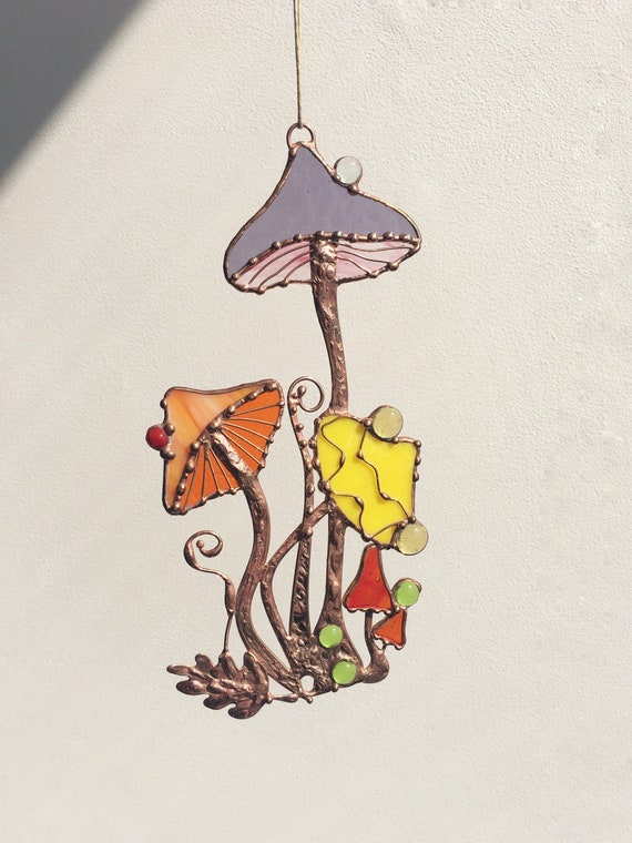 Stained Glass Garden Forest Mushrooms Suncatcher Thanksgiving Halloween Day Gift Home Art Window Wall Nature Ornament Decorations Hanging