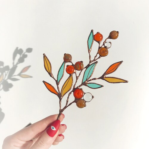 Suncatcher Glass Art Leaf leaves decorations traditional festive gift Sprig Home Window Wall Hanging. Mother's day gift