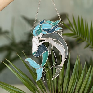 Mermaid shark Suncatcher Stained Glass Nixie Decor Blue Water Nymph Home House Window Wall Hangings Cling