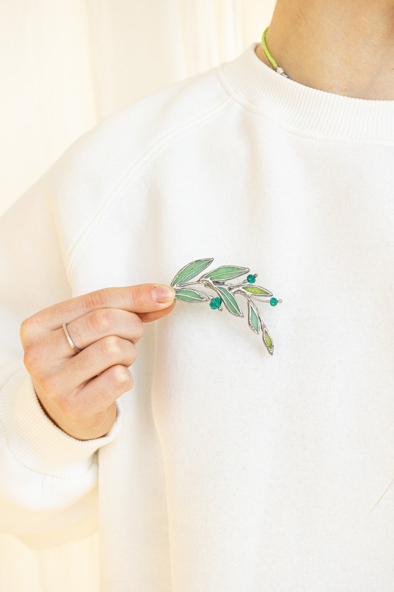 Green Laurel Branch Brooch. Stained Glass Nature Broach. Accessories Imitation Jewelry Pin Leaf. Mother's Small Gift