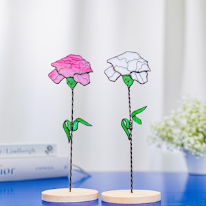 Stained Glass Carnation Pair – Pink White Flower Gift for Mom, Desk or Shelf Spring Decor