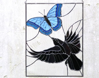 Stain Glass Panel Crow Suncatcher Butterfly Picture Decor Window Wall Gift for Mothers day House Home Decor, crow chasing butterfly