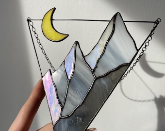 Stained Glass Suncatcher Picture Mountains Hill Landscape Home House Decor Window Wall Hanging Moon Cling, fathers day gift from daughter
