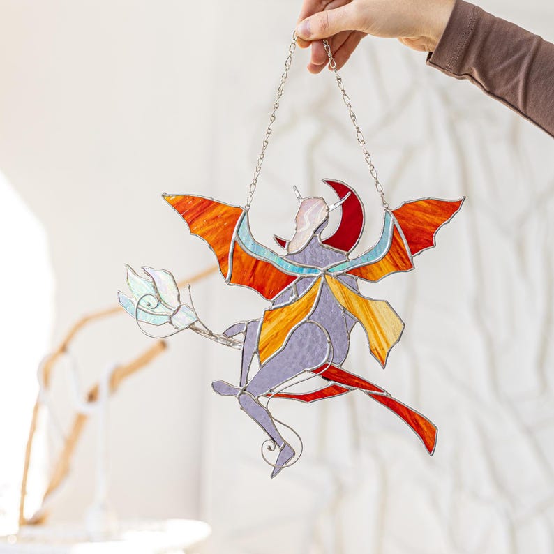 Witch With Wings on a Broomstick Hanging Stained Glass Sun Catcher