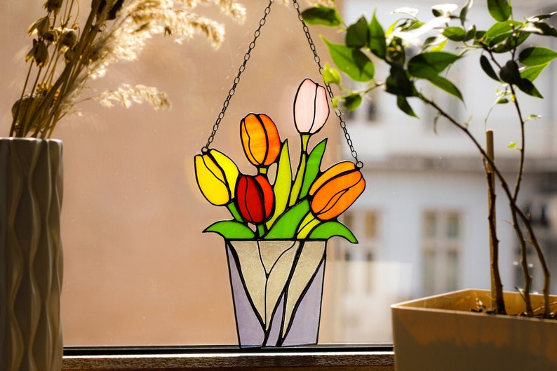 Stained Glass Mum Gift Bouquet Flower Tulips Suncatcher Farmhouse Home House Decor Flowerpot Window Wall Hangings, Living room art