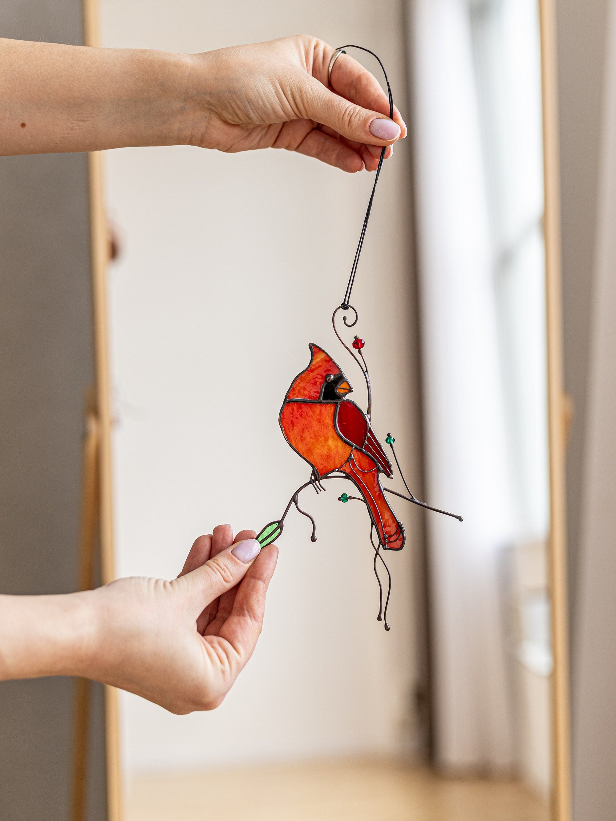 Stained Glass Bird Cardinal Suncatcher Grandma Gift Farmhouse Home House Decor Window Wall Hangings Animal