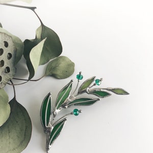 Green Laurel Branch Brooch. Stained Glass Nature Broach. Accessories Imitation Jewelry Pin Leaf. Mother's Small Gift