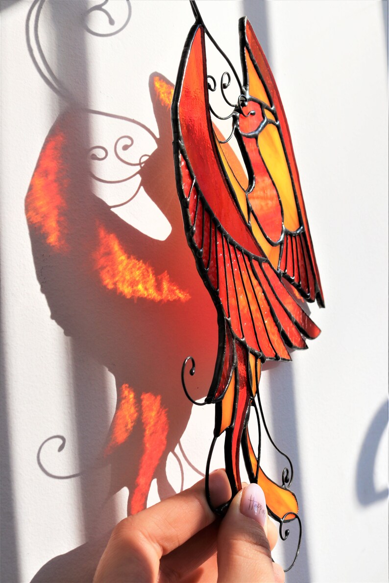 Bird phoenix mystical burning appears ashes Stain Glass Suncatcher Panel Gift Farmhouse Home House Decor Window Wall Hanging Animal Ornament