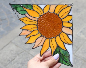 Corner Panel Yellow Sunflower Suncatcher. Stain Glass Fall Gift Home House Decor Window Wall Hangings Decoration Boho Art