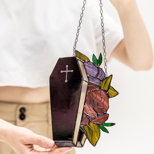 Сoffin flowers roses Suncatcher Stained Glass Gothic Decor Home House Window Wall Hangings Horror Halloween Gift, Spooky vibes Dark Academia