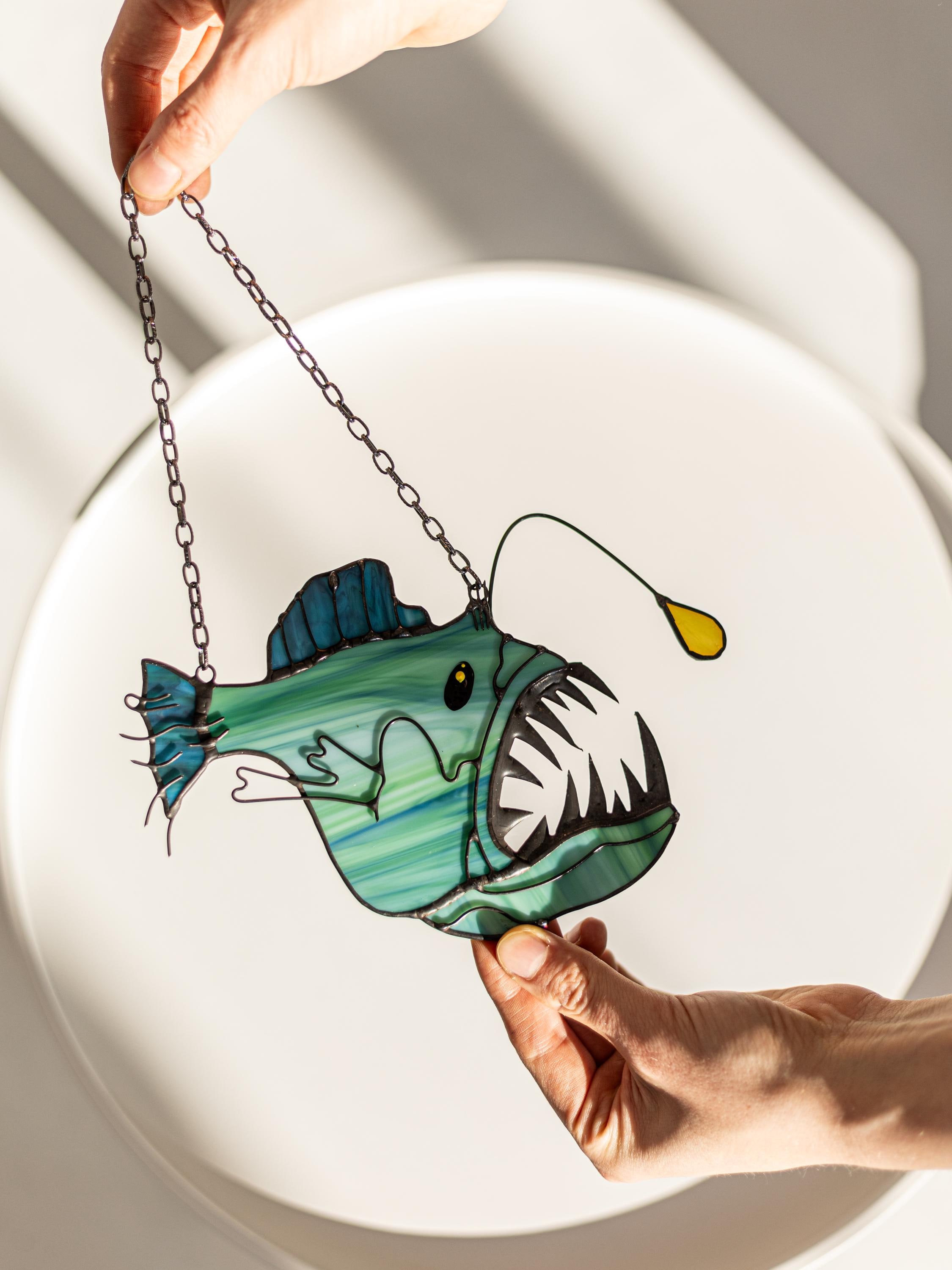 Anglerfish Suncatcher Stained Glass Decor Blue Home House Window