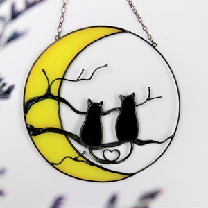 Mystical Cats on the Moon Stained Glass Suncather. Halloween decor, Pet Lover gift mom, memorial gift