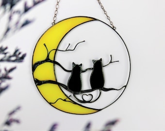 Mystieke katten op de maan glas-in-lood Suncather. Halloweendecor, Pet Lover-cadeau moeder, herdenkingscadeau