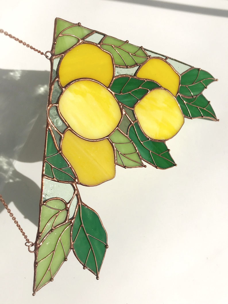 Yellow Corner Branch of lemons Suncatcher Ornament Stain Glass Tiffany Home House Decor Window Wall Decoration Boho Nature Art Picture