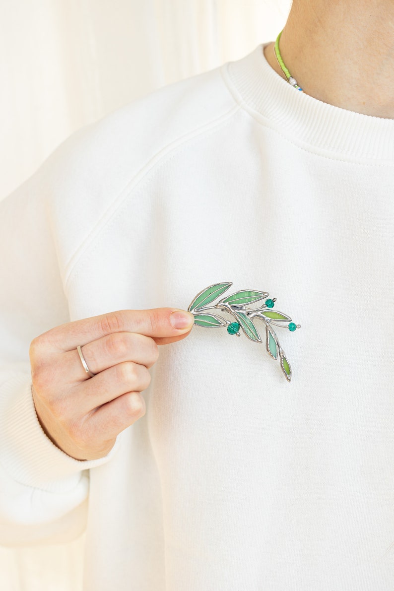 Laurel Branch Brooch. Stained Glass Broach. Accessories Jewelry Pin Leaf. Mother's Small Gift image 10