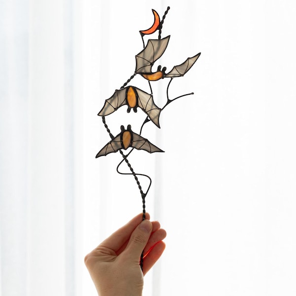 Bats Stained Glass Plant stake – Table Decor – Spooky Decor on Stand – Gothic Fall Decoration – Glass Art Windowsill decor