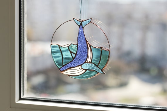 Stained Glass Suncatcher Whale. Blue Sun Catcher Home House Decor. Window  Wall Decoration Pendant 