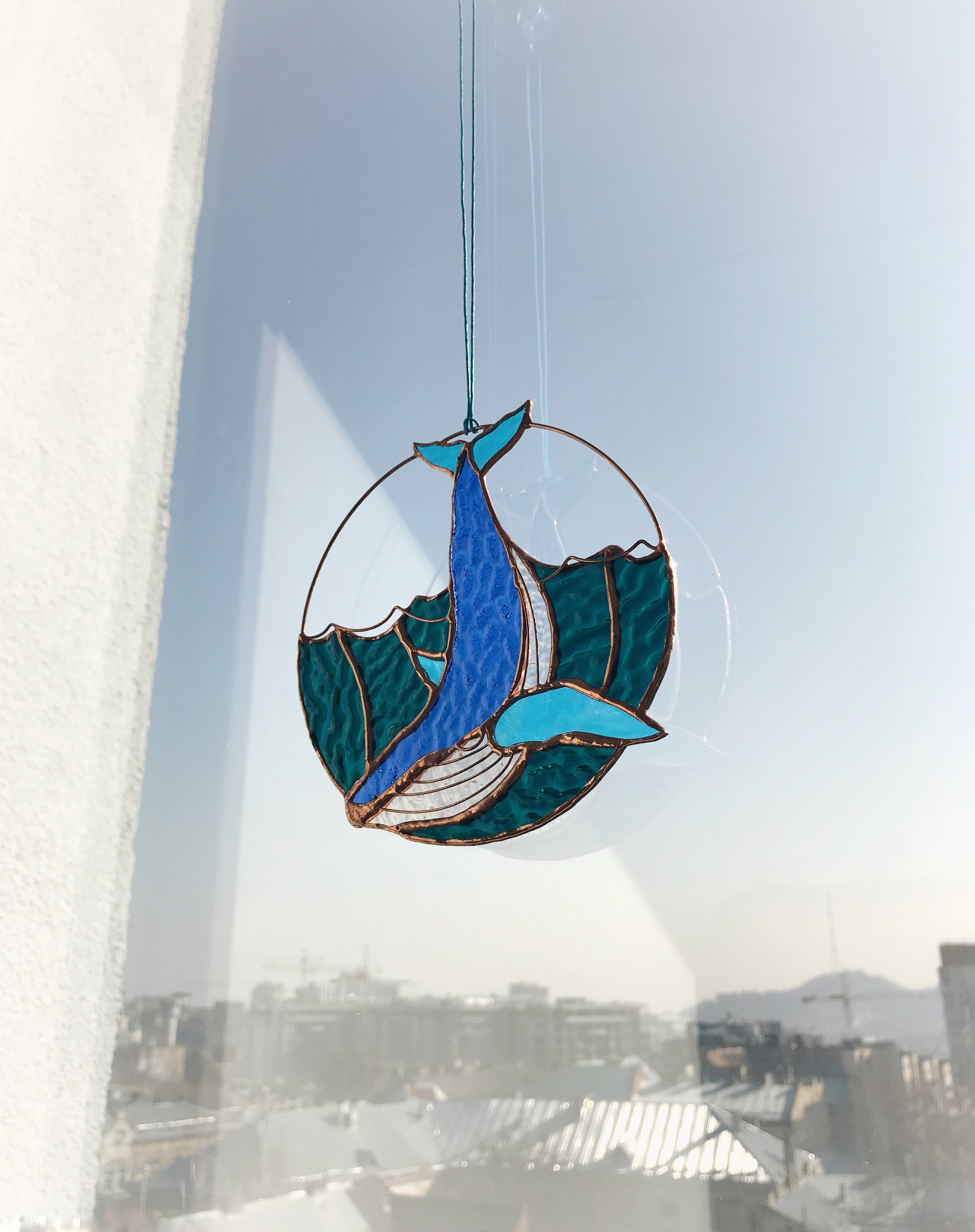 Stained Glass Suncatcher Whale. Blue Sun Catcher Home House Decor. Window Wall Decoration Pendant
