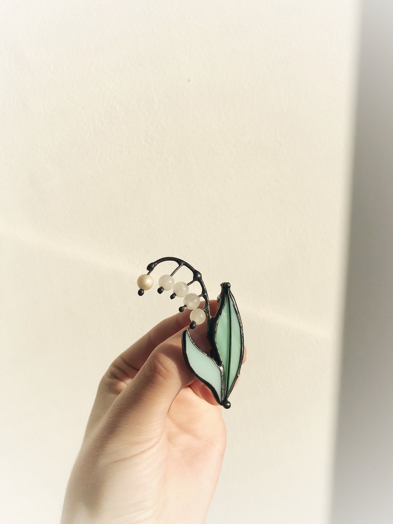 Lily of the Valley Brooch Stained Glass Pin Flower Broach Accessories Imitation Jewelry Wife Mothers gift for girl woman her Badge Nature Ar