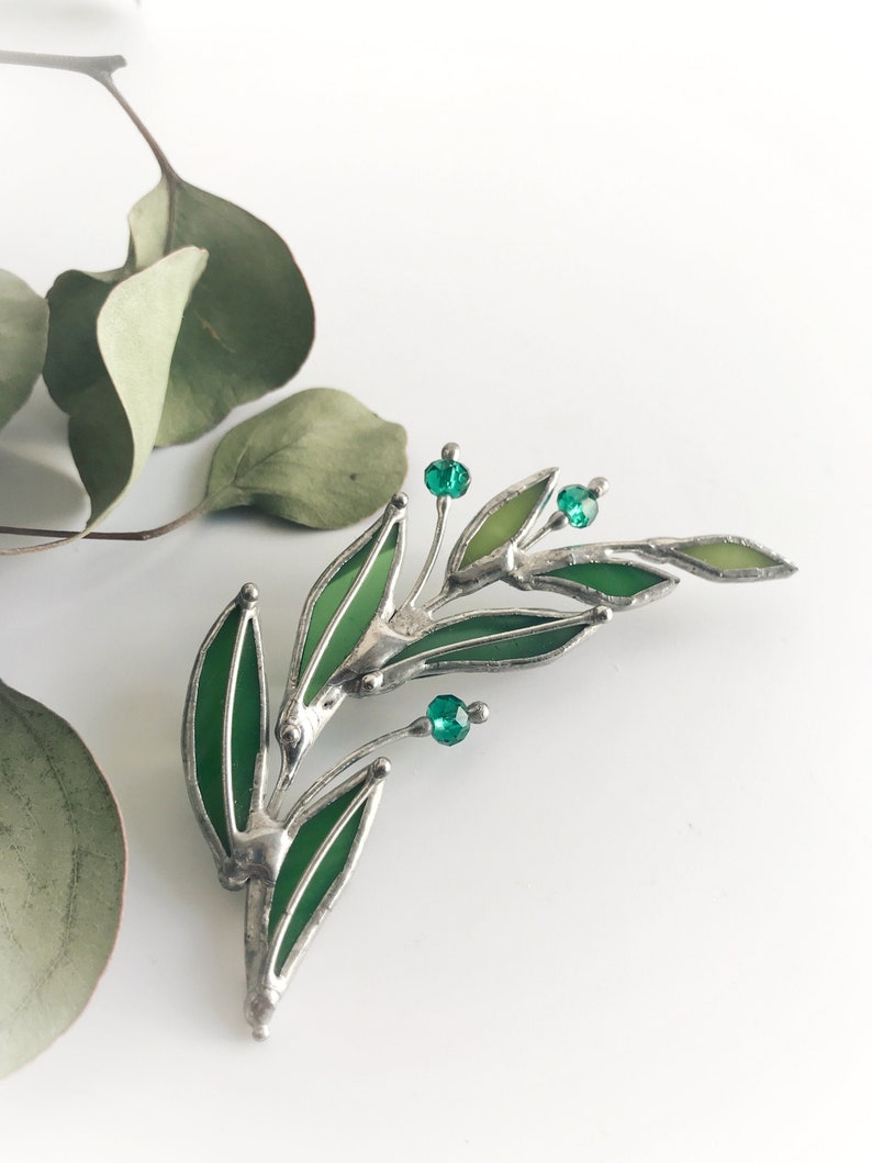 Green Laurel Branch Brooch. Stained Glass Nature Broach. Accessories Imitation Jewelry Pin Leaf. Mother's Small Gift