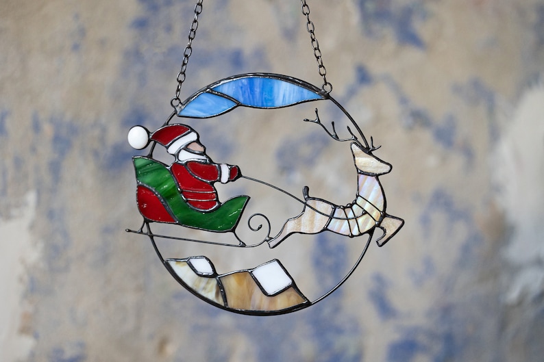 Christmas Santa Claus Deer Sun Catcher Gift Home Decor Window Wall Stained Glass Picture Memorial. New Year gift