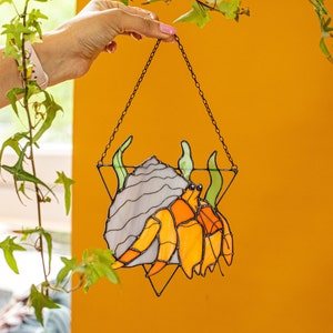 Hermit crabs Stained Glass Сrab Suncatcher. House Home Decor. Window Wall Hangings. Pendant Cling