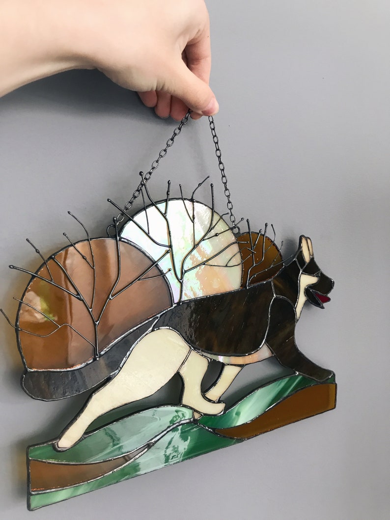 Stained Glass Dog Shepherd Custom Art Suncatcher Gift Home Decor For Window Or Wall Cloak Picture Muzzle Pet Tiffany Portrait Panel Memorial