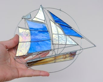 Stained Glass Suncatcher sailing ship. Window Wall Decoration. Sailing vessel Blue Home House Decor. Decorations. Sun Catcher