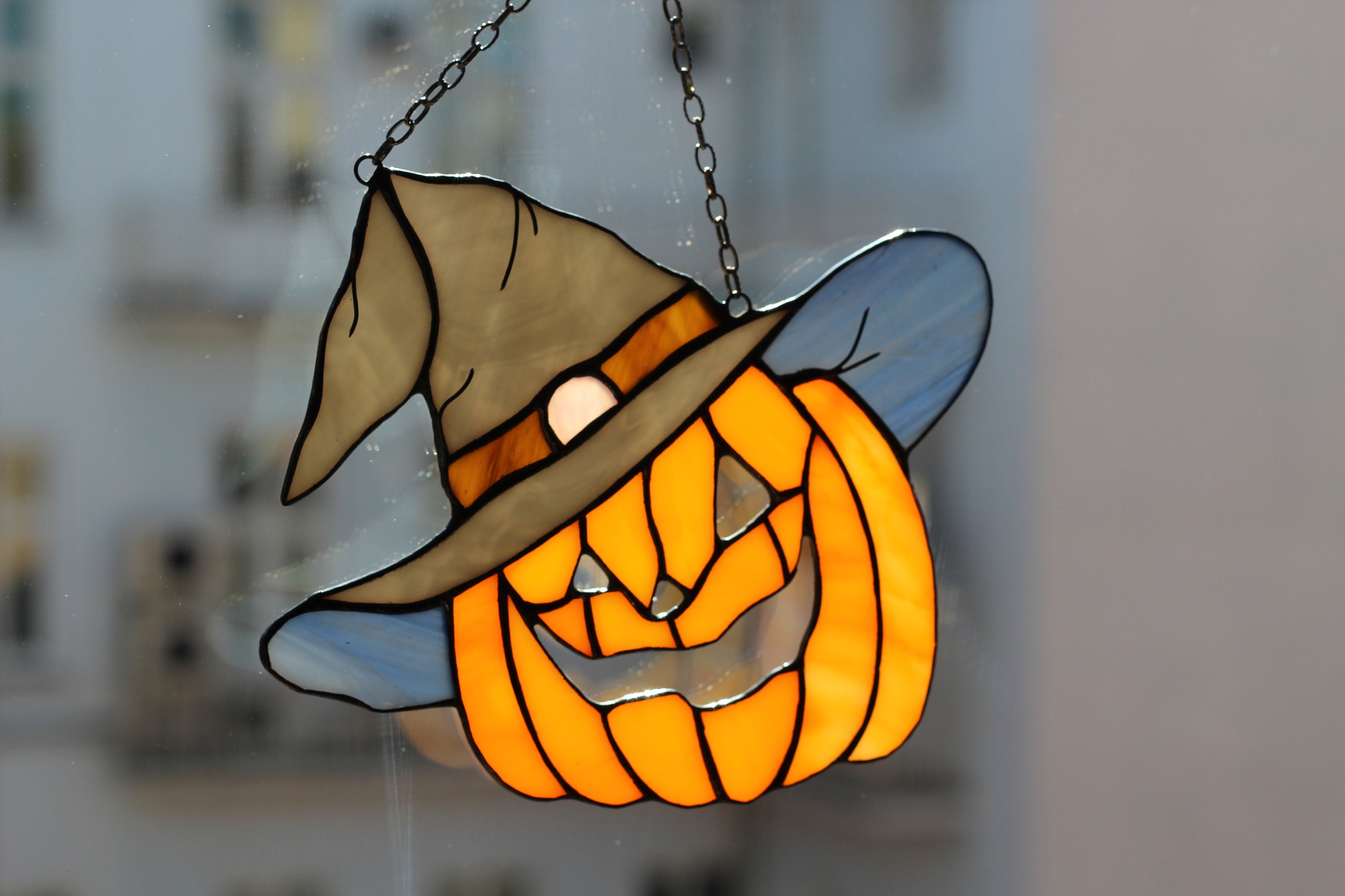 Stained Glass Pumpkin in a hat Panel Orange Halloween | Etsy