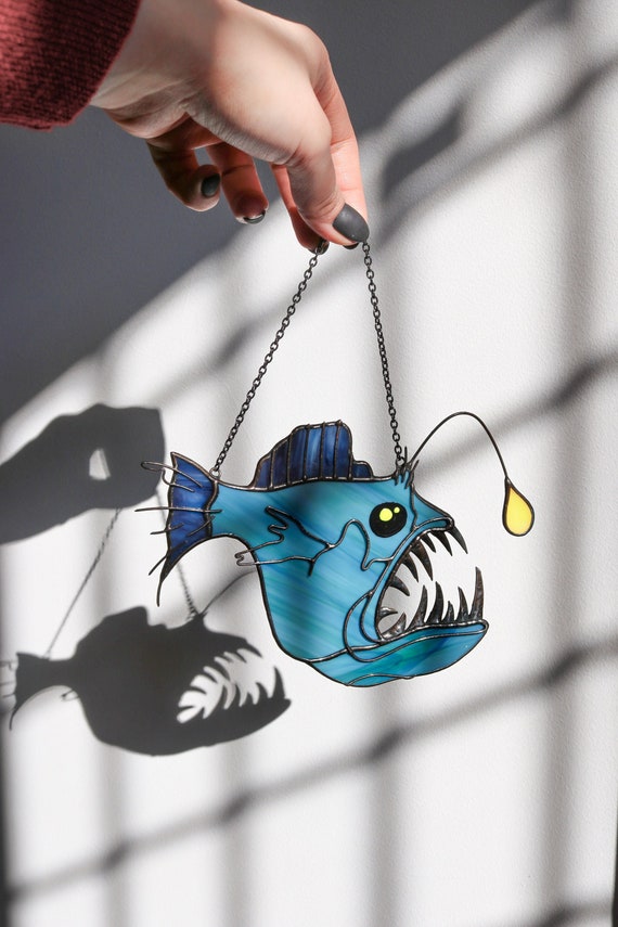 Angler Fish Devil Fish Suncatcher Stained Glass Decor Blue Home