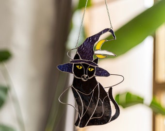 ハロウィンのステンドグラス、神秘的な猫と魔女の帽子、サン