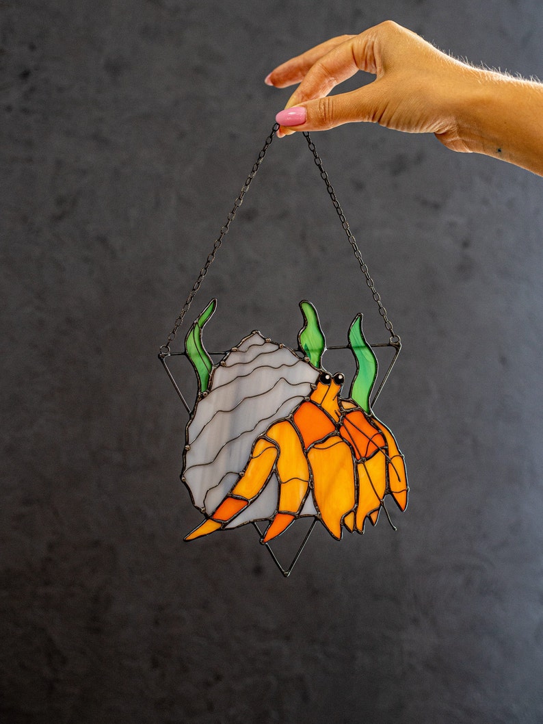 Hermit crabs Stained Glass Сrab Suncatcher. House Home Decor. Window Wall Hangings. Pendant Cling