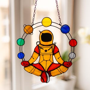 Astronaut in planets Space Yoga Stained glass Sun Catcher Panel Suncatcher Galaxy, Window Wall Decoration Cosmos Art Living