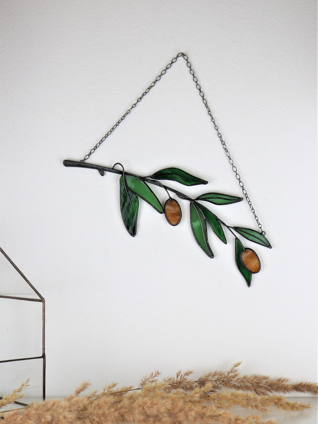 Green Olive Branch Suncatcher Stained Glass Leaf Mothers Day Gift From ...
