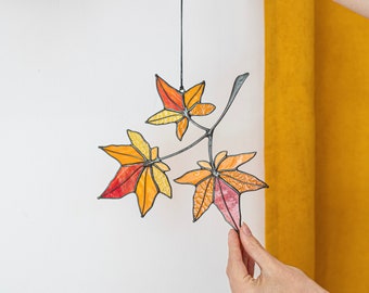 Maple leaf Branch Canada Day Symbol Fall Stained Glass Suncatcher House Home Decor Window Wall Hangings Gift for Woman Girl