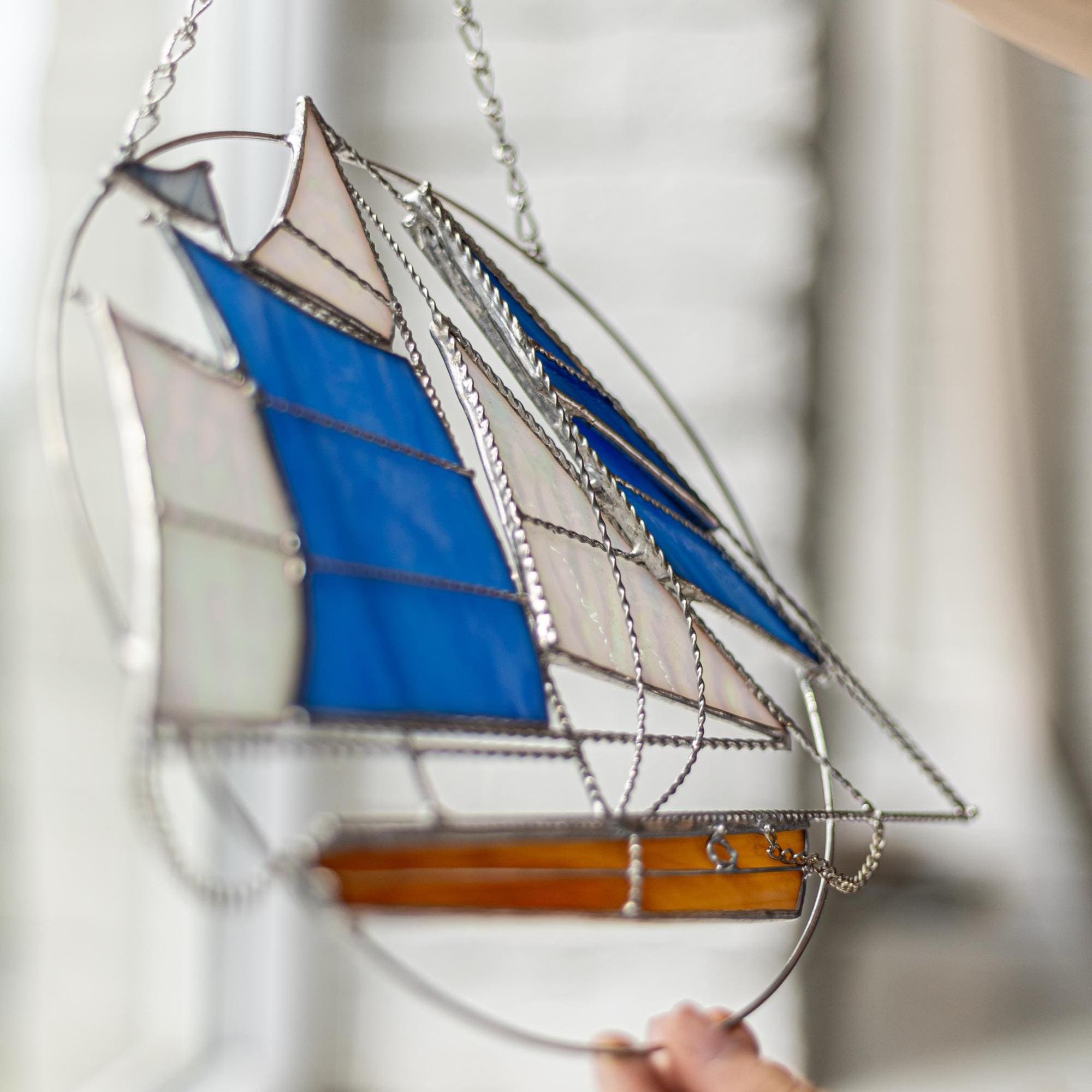 Stained Glass Suncatcher sailing ship. Window Wall Decoration. Sailing vessel Blue Home House Decor. Decorations. Sun Catcher