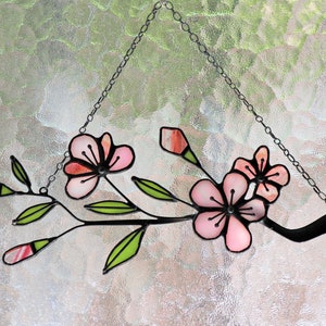 Green Sakura Twig Branch Stained Glass Suncatcher Flower Gift for Woman Girl House Home Decor Window Wall Christmas Day Leaf