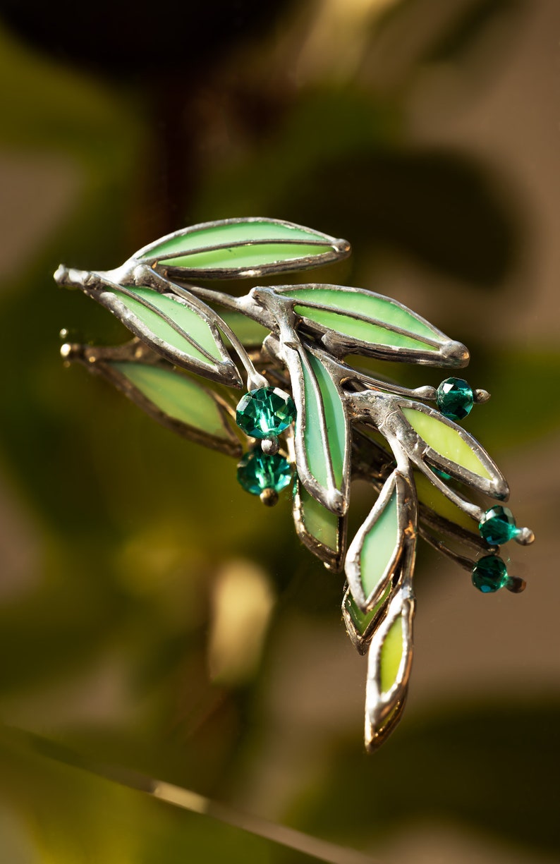 Green Laurel Branch Brooch. Stained Glass Nature Broach. Accessories Imitation Jewelry Pin Leaf. Mother's Small Gift