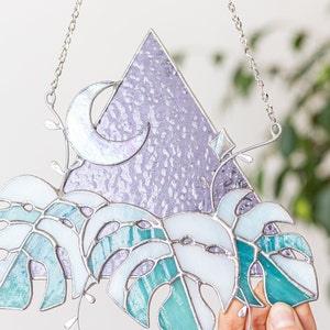 Stained glass monstera moon, Suncatcher Window hangings, Mother&#39;s Day gift, Grandma gift, plant lover gift, leaves