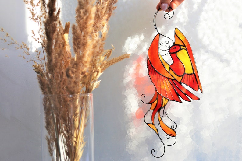 Bird phoenix mystical burning appears ashes Stain Glass Suncatcher Panel Gift Farmhouse Home House Decor Window Wall Hanging Animal Ornament
